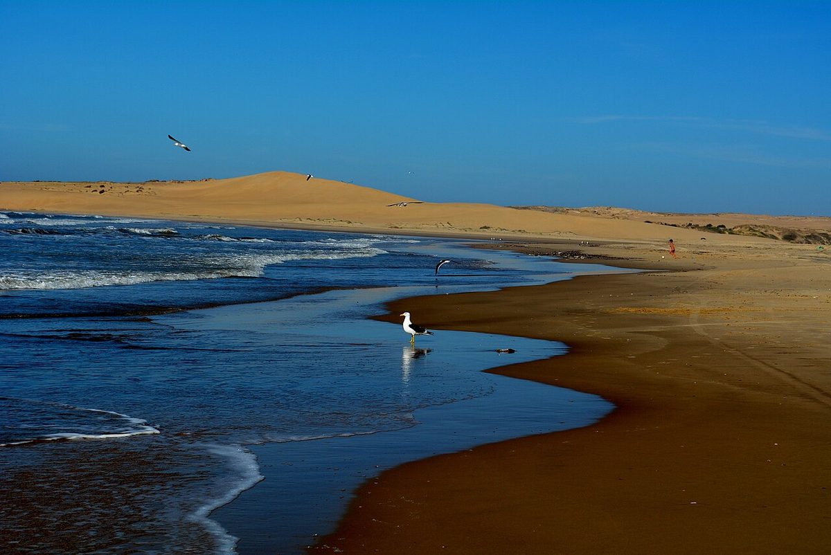 The enormous sand dunes of Barra de Valizas rising behind the beach in Rocha, Uruguay