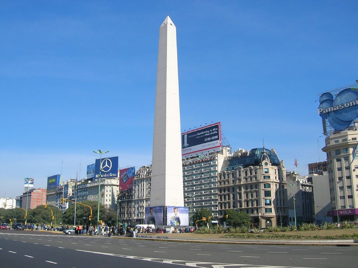 The Obelisco towers over Avenida 9 de Julio in Buenos Aires, Argentina's sprawling, electric capital city