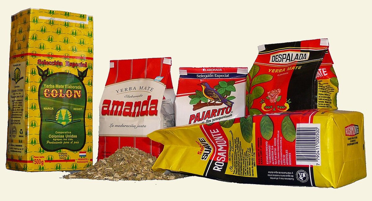 Packets of yerba mate, the dried leaf brewed for mate, on display