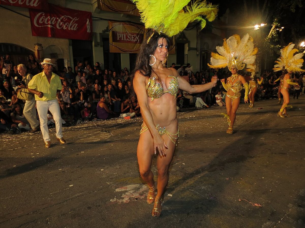 Candombe drummers parading in the Llamadas during Carnaval in Montevideo, Uruguay