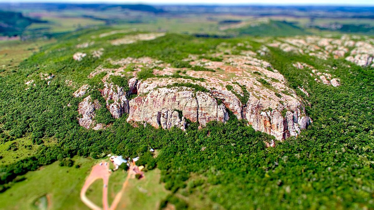 The flat-topped Cerro Arequita rising over green sierras near Minas in Lavalleja, Uruguay