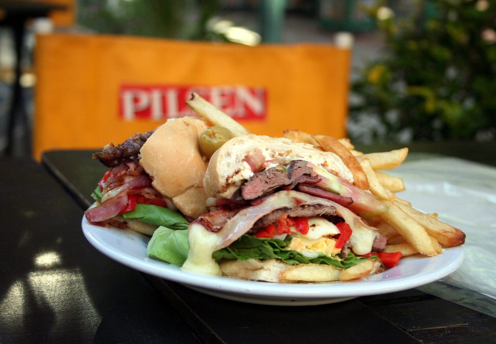 Chivito sandwich Uruguay beef egg bacon and cheese at colonia del sacramento restaurants