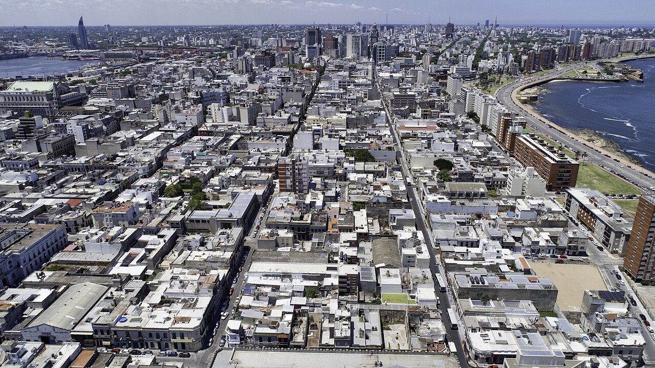 Aerial view of Ciudad Vieja, Montevideo's old town, with the rambla curving along the coast