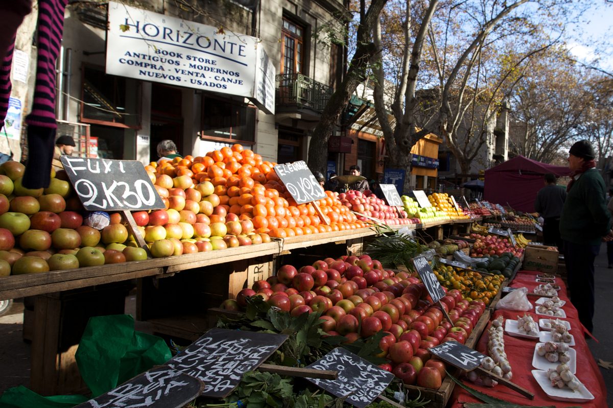 Fruit and vegetable stall at a street feria market in Montevideo, Uruguay