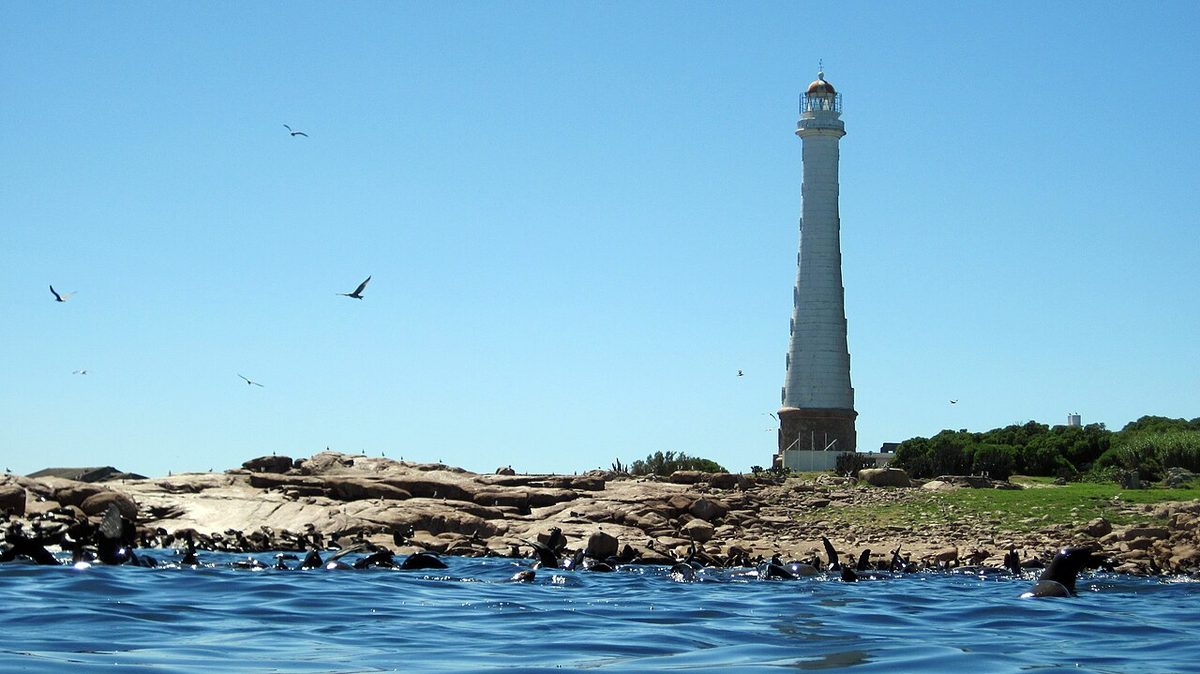 The rocky island and its lighthouse seen from a tour boat off Punta del Este