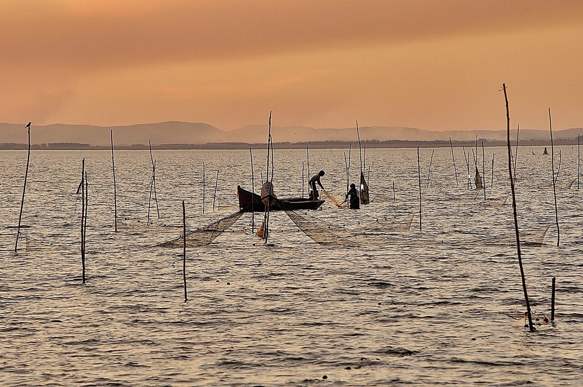 Shrimp fishermen working nets from a small boat at sunset on Laguna de Rocha