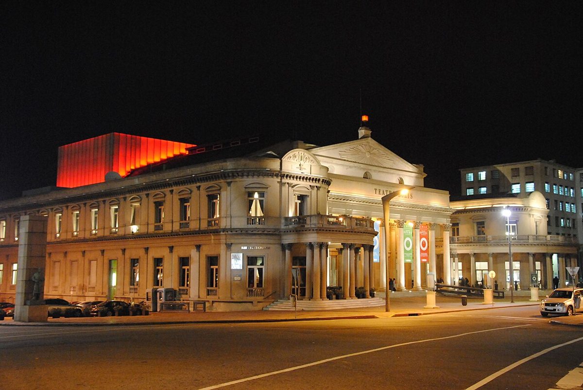 Teatro Solis theater facade lit up at night in Ciudad Vieja, Montevideo
