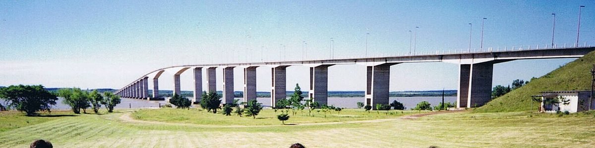 The Puente Libertador General San Martin bridge spanning the Rio Uruguay from Fray Bentos toward Gualeguaychu in Argentina