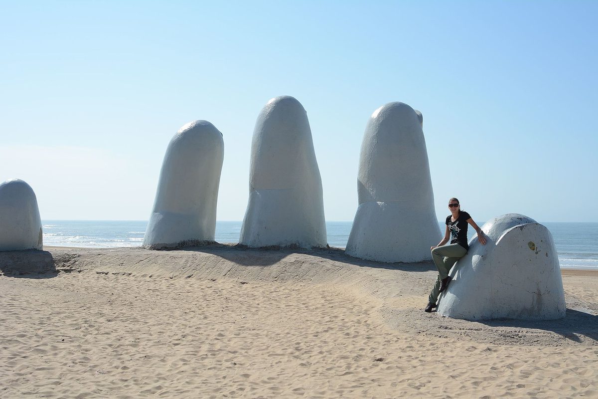 La Mano sculpture rising from the sand of Playa Brava in Punta del Este