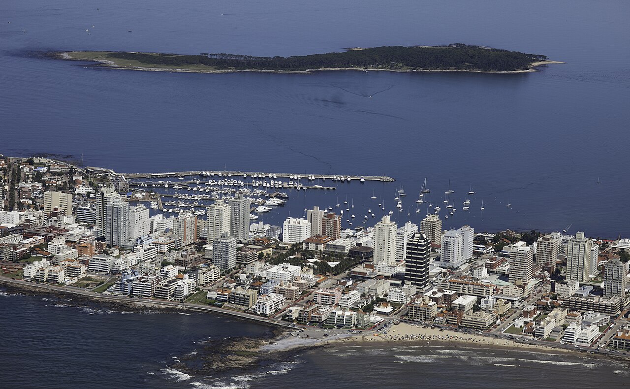 Aerial view of the Punta del Este peninsula with its marina, towers and Isla Gorriti offshore