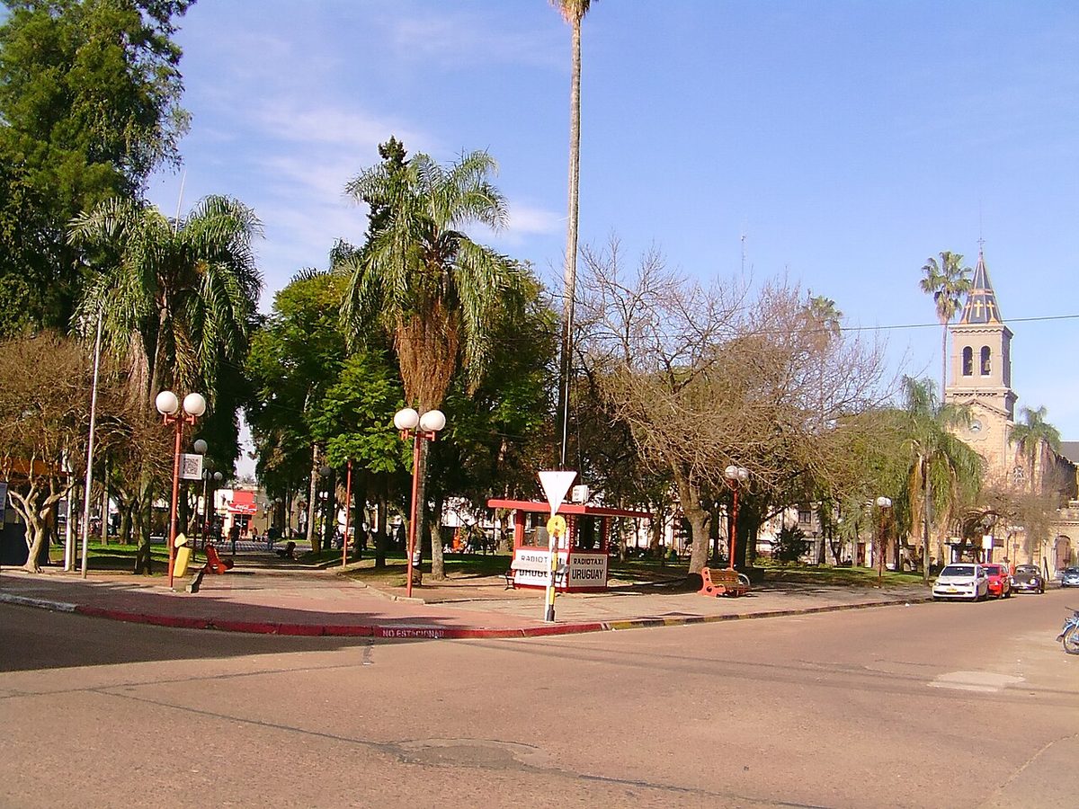 Plaza 19 de Abril in central Tacuarembo Uruguay with its cathedral and shaded square
