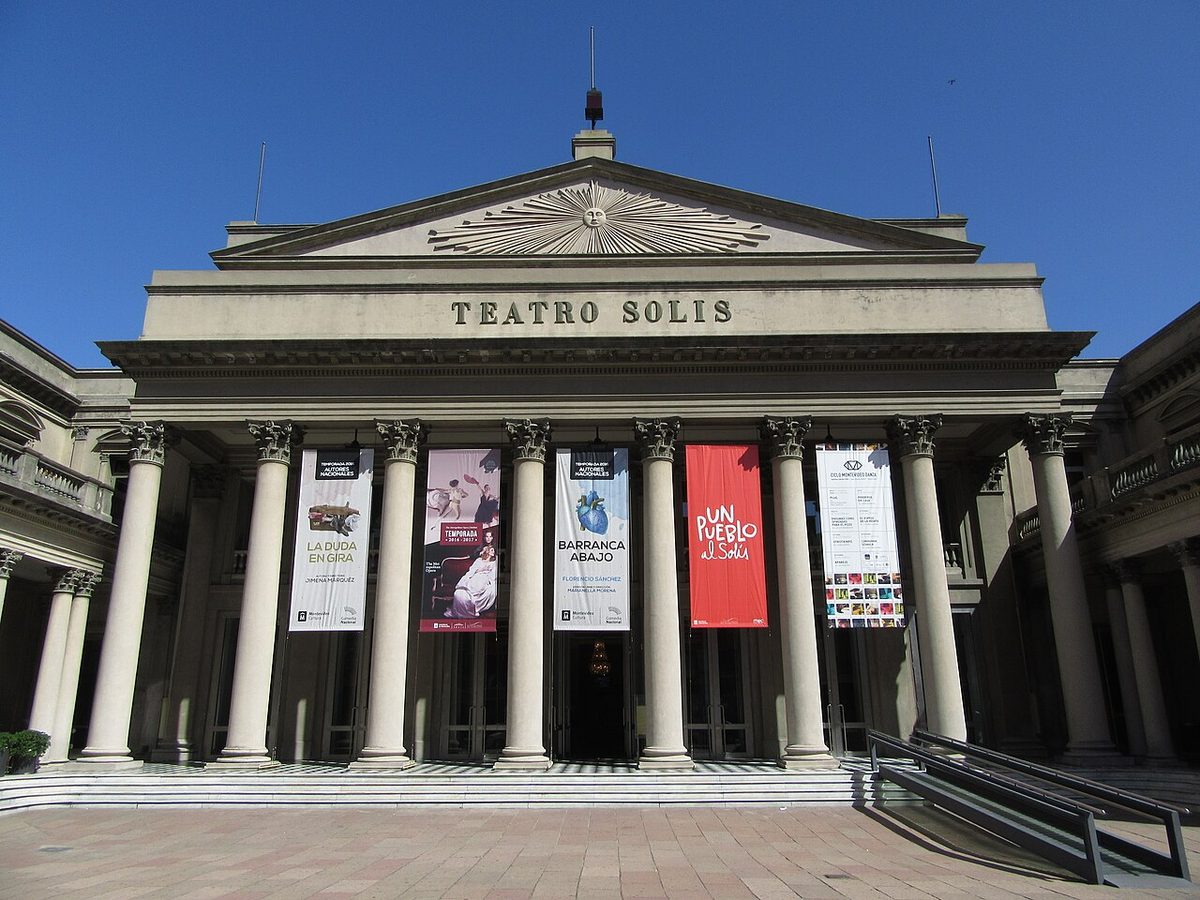 The neoclassical facade of Teatro Solis on Plaza Independencia in Montevideo