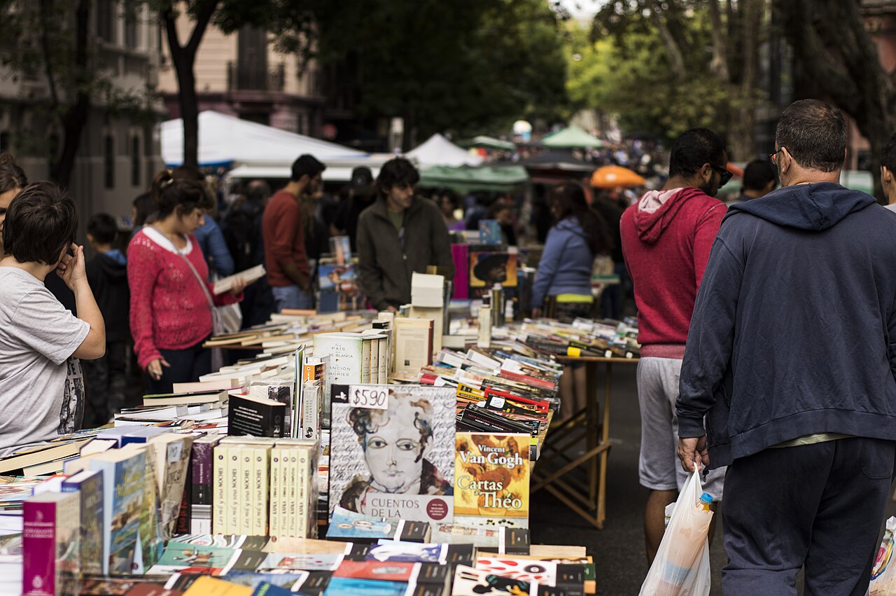 Books and vendors at the Tristán Narvaja Sunday flea market in Montevideo Uruguay
