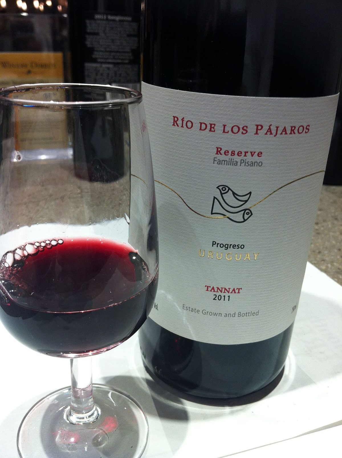 Tannat poured during a Uruguay wine tour, glass and bottle on the table